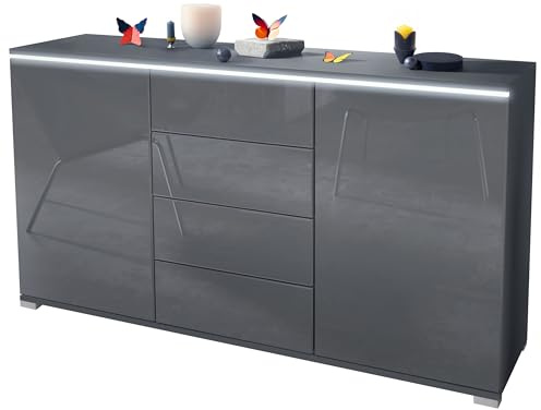Vladon Sideboard Faro V1 - Kommode mit 2 Türen & 4 Schubladen, Schrank mit LED Lichtleiste, Anthrazit matt/Grau Hochglanz (138,5 x 75,5 x 35)