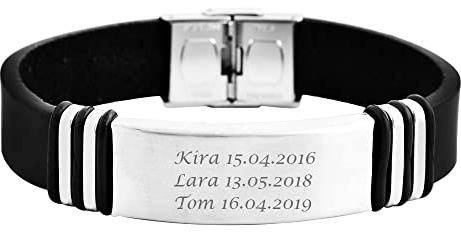 Hanessa Personalisiertes Armband mit Gravur für Männer und Frauen Edelstahl Leder schwarz Länge 22 cm | Personalisierte Armbänder mit Namen Herren Damen