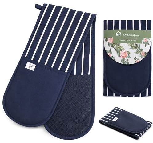 Blue Butcher Stripe Double Oven Gloves Heat Resistant Silicone Oven Mitts Pair | Non-Slip Silicone Oven Gloves Double Oven Mitt | Machine Washable Thick Potholders Home & Kitchen Accessories.