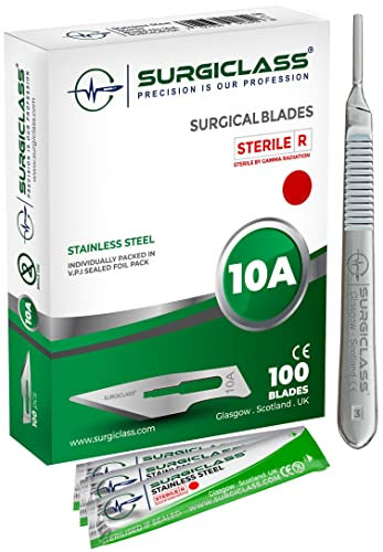 Lames de scalpel No 10A en acier inoxydable stériles, lot de 100 et poignée n° 3, parfaites pour l'art du bois, Chirurgicale, la sculpture l'anatomie de laboratoire Création d'enseignes SURGIGR10A-100