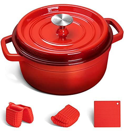 MICHELNAGELO Enameled Cast Iron Dutch Oven Pot with Lid, 5 Quart Dutch Oven Cast Iron Pot, Enamel Dutch Oven with Lid, 5 Qt Dutch Oven for Bread Baking, Bread Dutch Oven with Silicone Mats, Red