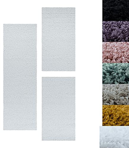 SIMPEX Bettumrandung Schlafzimmer 3teilig Shaggy Hochflor Teppich Weiss Bettset: 2 mal 80x250 + 1 mal 100x200 - Schlafzimmer Teppich 3 Teilig Läufer Extra Weich Flauschig Bettvorleger Läuferset Halı