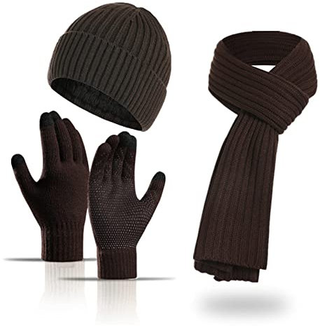 DOPORA Winter Warm Beanie Mütze Touchscreen Handschuh Langes Schal Set Damen Herren Strickset mit Fleece gefüttert zum Radfahren Fahren bei kaltem Wetter Set - Einheitsgröße,Kaffee