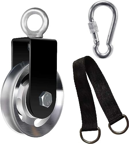 Kensbro Seilrolle 90mm mit U Haltebügel, 360° Schwenkbar | Umlenkrolle mit Gurt und Karabinerhaken aus Aluminiumlegierung, für DIY, Fitnessgeräte, Garage und Gardinen