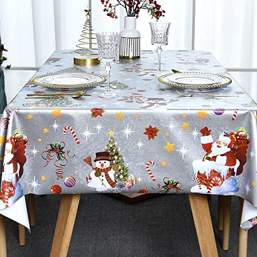 Plenmor Christmas Table Cloth Wipe Clean Christmas Tablecloth Xmas Sliver PVC Plastic Wipeable Waterproof Rectangular Table Cover Decoration for Festive New Year Kitchen Picnic (137 x 275 cm)