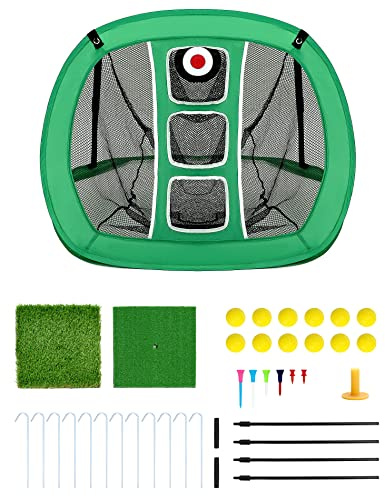 QWORK Chipping Net - Red de práctica de golf desplegable con 2 alfombrillas, 12 pelotas de entrenamiento y camisetas