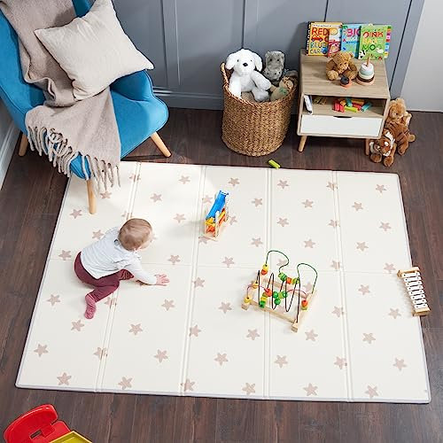 Bubba Bear Tapis d'eveil de Jeu/de Sol pour Enfant Bebe XXL en Mousse Epais Pliable Reversible - Tapis d'éveil de Motricité Favorisant Le Développement Sensoriel Cadeau bébé (200x150 cm, Beige)