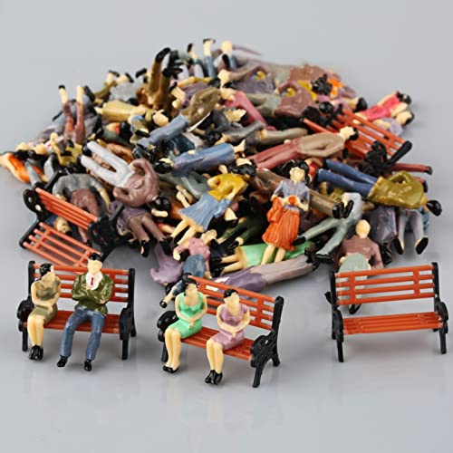 HEIBTENY 50 Stücke Sitzende Modell-Passagier-Figuren+6 Sitzbänke Eisenbahnanlage Mini Bemalten Personenmodellen Modellparkbänke Maßstab 1:50 für Sandtischmodellbau,Szenendekoration,Außenlandschaft