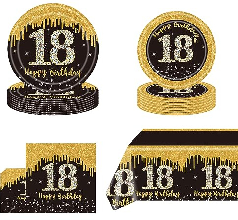 POPOYU 18 Geburtstag Party Geschirr,53 Stück Schwarz Goldenes Partygeschirr 18. Geburtstag,Tischdecke 18 Jahre,Pappteller Geburtstag18.,Servietten,Einweggeschirr-Set für Partyzubehör 18Geburtstag