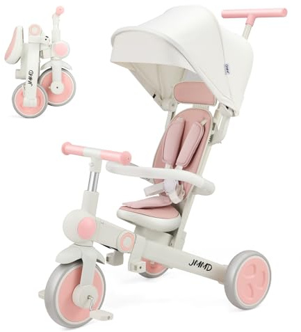 JMMD Baby Tricycle, 7-in-1 Foldable Kids Trike with Adjustable Parent Handle, Safety Harness & Wheel Brakes, Removable Canopy, Stroll Trike for Boys & Girls Ages 18 Months-5 Years, Pink