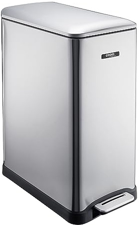 Cooks Professional Slimline Dual Recycle Pedal Bin 50L | 20 + 30L Removable Compartments & Soft Close Lid | Double Section Stainless Steel Kitchen or Office Dustbin for Recycling or Waste | Silver