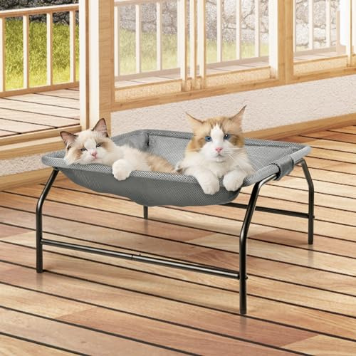 JUNSPOW Large Cat Hammock Bed - Free-Standing Square Pet Sleeping Bed, Detachable, Easy Assembly for Indoor/Outdoor Use (Gray)