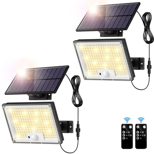 SIGRILL Solarlampen für Außen mit Bewegungsmelder Warmes Licht Solarleuchten für Außen 172 LED 3 Modi Solar Strahler IP65 Solar Außenwandleuchte Gartenleuchten mit 5m Kabel für Außen Garage 2 Stück