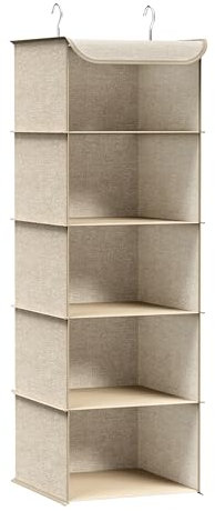 SONGMICS Hanging Wardrobe Storage Organiser, Hanging Storage Shelves, Foldable Wardrobe Clothes Organiser, Space-Saving, Metal Hooks, Bamboo Inserts, Linen Pattern, Sand Beige RCH005Y01