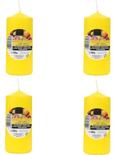 Set de 4 Candele Profumate Fantasia di Agrumi, Candela Giallo a Colonna Profumada 11x4.7cmcm, Candela Profumada 25 Ore di Combustione