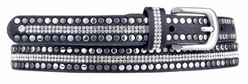 Zakatte • Schmaler Damen Nietengürtel aus Kunstleder mir Strass BS041 (Dunkelblau, 80 cm)