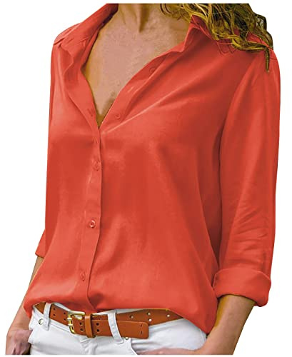 Chemise Femme Ouverte Blouse éLéGant Manche Longue Cintrée Uni Lege Chemisie Femme col Revers Été Bouton Mousseline Orange