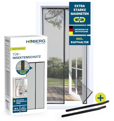 Hoberg Insektenschutzvorhang 90 x 210 cm | Fliegengitter Tür mit XXL-Magnetbändern | Insektenschutz für Balkontür | Magnet Fliegenvorhang | selbstschließend & strapazierfähig