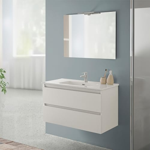 Inbagno Mobile Bagno Sospeso 90 cm Rovere Bianco – Mobiletto Con Lavabo In Ceramica E 2 Ampi Cassettoni Soft-Close – Linea Nadia