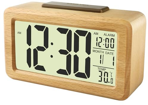 DTKID Wecker, Digitaler Bambuswecker mit großem LCD-Display, Helligkeitssensor und Schlummerfunktion,Batteriebetrieben und Plug-and-Play mit USB-Kabelfür Schlafzimmer und Büro