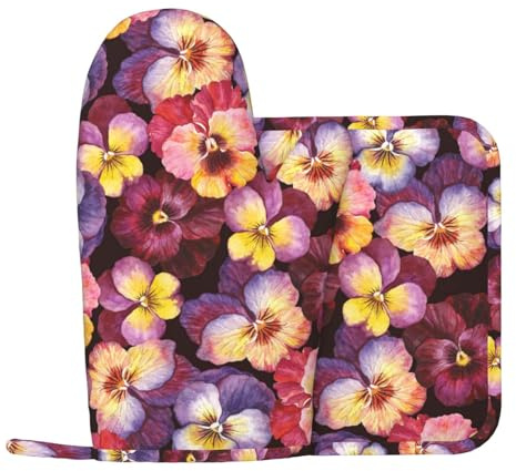Flores de Pensamiento de Acuarela, Juego de Manoplas y agarraderas para Horno, Guantes de Silicona Antideslizantes Resistentes al Calor para Horno