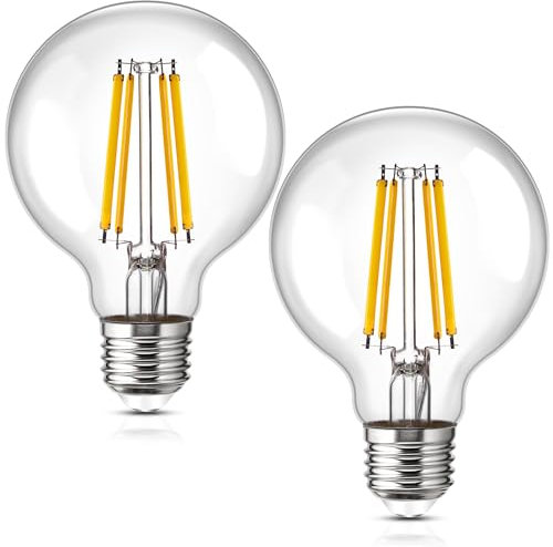 Genixgreen Bulbos LED E27. G80 12W Edison Glühbirnen Retro Style Globe Filament White White 2700K Bulbo decorativo. 100W equivalente. 1800lm. Vidrio transparente. 2 paquete
