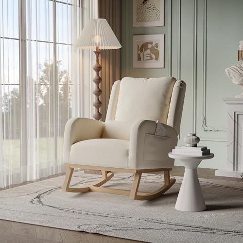 BPKADHY Schaukelstuhl,Sessel Relaxsessel Schaukelsessel Stillstuhl Schwingstuhl mit Armlehnen Gepolsterter Sitzfläche,Comfy Sessel mit Side Pocket, für Wohnzimmer Schlafzimmer,Balkon,Leinen,Weiß