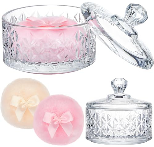 Tioncy 3 st Stor kroppspulverpuff och behållare Valentinsdagspresent Pulverbehållare med Puff Kristallfodral Mjuk Tvättbar Återanvändbar Velour Ansikte Kropp Glitter Våt Torr Smink (Diamant, Klar)