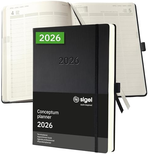 SIGEL C2604 Planungsbuch XXL, Terminkalender 2026, A4+, 1 Tag = 1 Seite, für 4 Personen, schwarz, Hardcover, 480 Seiten, Gummiband, Stiftschlaufe, Archivtasche, Kalenderbuch Conceptum