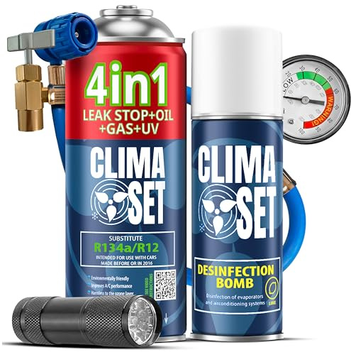 CLIMASET - KIT complet AC R134a 4en1, remplacement du gaz, pour voitures de 1994 à 2016 - ensemble complet - Produit d'étanchéité, colorant UV, réfrigérant - avec câble, rafraîchisseur et lampe UV