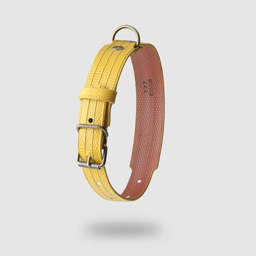 FÜÜR Hundehalsband PALÜ XS-S, Gelb und Ziegel | Wasserdicht, Verstellbar, Handgefertigt in Spanien, Wiederverwendeter Feuerwehrschlauch, Nachhaltig