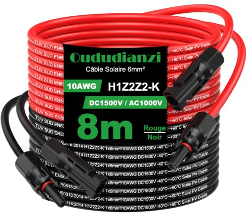 Oududianzi Solarkabel 6mm2/4mm2, Solarkabel Verlängerung 1/2/3/5/8/10/15/20/30m, Photovoltaik Kabel, PV Kabel 6mm2 mit Solarstecker, Verlängerungskabel Balkonkraftwerk für Solarpanel(2x8m 6mm²)