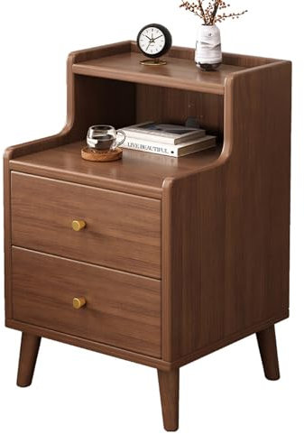 Table de chevet moderne du milieu du siècle avec tiroirs de rangement et étagère ouverte en bois finition noyer surélevée pour chambre à coucher et salon Hauteur 20 cm