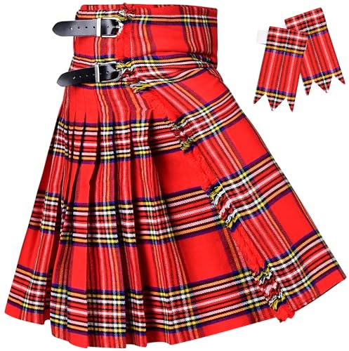 H HIGHLAND REDSTONE Kilt for Men - 16oz Traditional Scottish Tartan, 5 Yards Premium Acrylic Wool Kilts (Royal Stewart, 42-44)