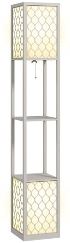 HOMCOM Lampadaire étagère, 2 lampes, lampe de salon sur pied avec douille E27, 2 étagères 4 niveaux, motif nid d'abeille, lampadaire salon, abat-jour en terylenecotton, gris