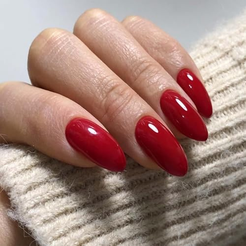 24Pcs Almond Press On Nails - Glossy Red False Nails,Red False Nails Medium, Long-Lasting Adhesive, Salon Quality Almond Shape, Perfect for Parties & Everyday Style