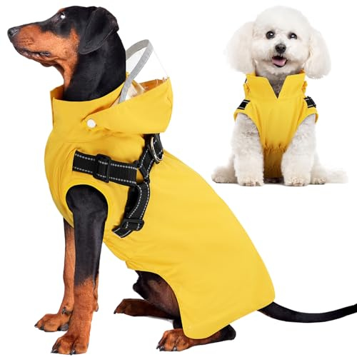SlowTon Regenmantel Hund - Wasserdichter Hunderegenmantel mit Reflektierender Geschirr,Verstellbar Regenjacke mit Abnehmbar Reflektierenden Kapuze für kleine Mittelgroße und große Hunde