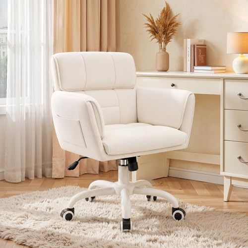 Klyvvo Schreibtischstuhl mit neigbarer Rückenlehne & Armlehnen, Schminktisch Stuhl mit Samtbezug, höhenverstellbar & 360° Drehfunktion, 150 kg, ergonomischer Bürostuhl, Homeoffice, Schlafzimmer, Beige