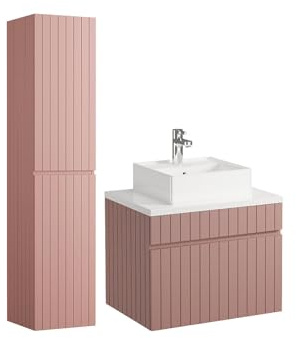 Vente-unique - Mueble de baÒo suspendido Estriado Rosa con Lavabo y Columna - 60 cm - SATARA