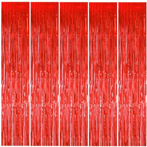 5 Stück Lametta Vorhang Rot, 1 x 2m Metallische Glitzervorhang Fringe | Glitzervorhang Lametta, Glitzer Party Vorhang, Tinsel Curtain, für Weihnachtsbaum Geburtstage Festivals Party Bühnendekor