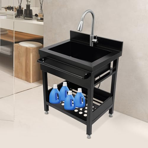 Freistehend Waschbecken – Edelstahl Spültisch für Küche und Bad – Gewerbliche Spülbecken mit Kalt und Warmwasserschläuchen Ausdehnbare Wasserhahn, 65.5 x 51.5 x 86cm, Schwarz