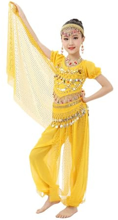 Generisch Costume da danza del ventre per bambini – Maglia a maniche corte con paillettes e pantaloni a rete e catena in vita, 3 pezzi, costume da carnevale indiano per cosplay., O giallo, M