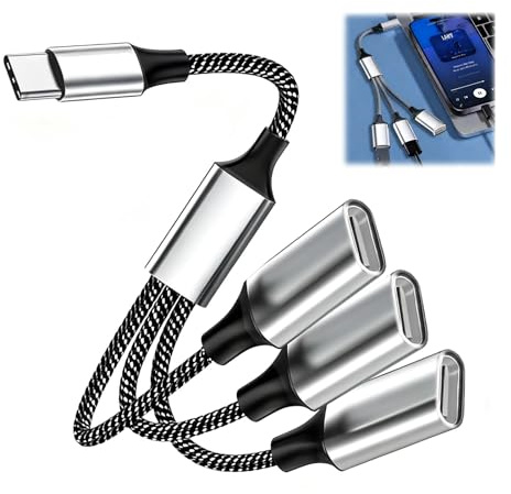 Cable Divisor USB C 3 en 1, Adaptador USB-C Macho a 3 Tipo C Hembra con Carga Rápida 10W y Transferencia de Datos, Convertidor OTG Tipo C 3 en 1 Compatible para iPhone 17/16, 15/14 Pro/Pro MAX/Plus