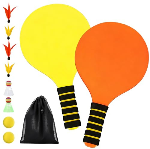 YAEGIMHT Beach Ball Spiel Set, Draußen Kinder Beachball Ballset with 2Schläger 6Federbälle 2Haltbare Plastikbälle 1Tasche, Strandball Schlägerset Sommer Paddleball Spielset für Party