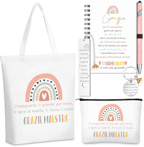 Hestya 6 Cadeau de Remerciement pour Enseignants Sacs en Toile Arc-En-Ciel avec Trousse de Maquillage Carnet à Spirale Marque-Page Stylo à Bille et Porte-Clés