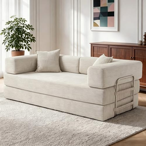 200cm Sofá Cama 3 Plazas con Espuma & Muelles para Salón,Blanco | Pana,Modular,Plegable 5 en 1