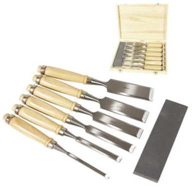 Satz 1340 Stechbeitel 6 - 12 - 19 - 25 - 32 - 38mm inkl. Abziehstein und Holzkiste zur Aufbewahrung