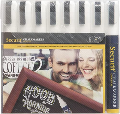 SECURIT - 8er-Set Kreidemarker - Für nicht-poröse Oberflächen (Schwarze Tafel, Glas, Metall, Spiegel...) - Mittelstarke Spitze 2-6 mm - Weiß
