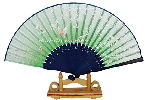 ChicEver Fächer Handfächer aus Bambus & Seide Stoff Blumen & Schmetterlinge grün 7293d