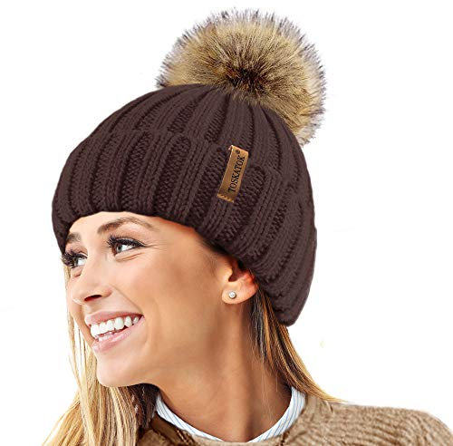 TOSKATOK®Womens Warm Winter Hat Woolly Knitted Beanie with Detachable Chunky Faux Fur Bobble Pom Pom-Choc Chocolate